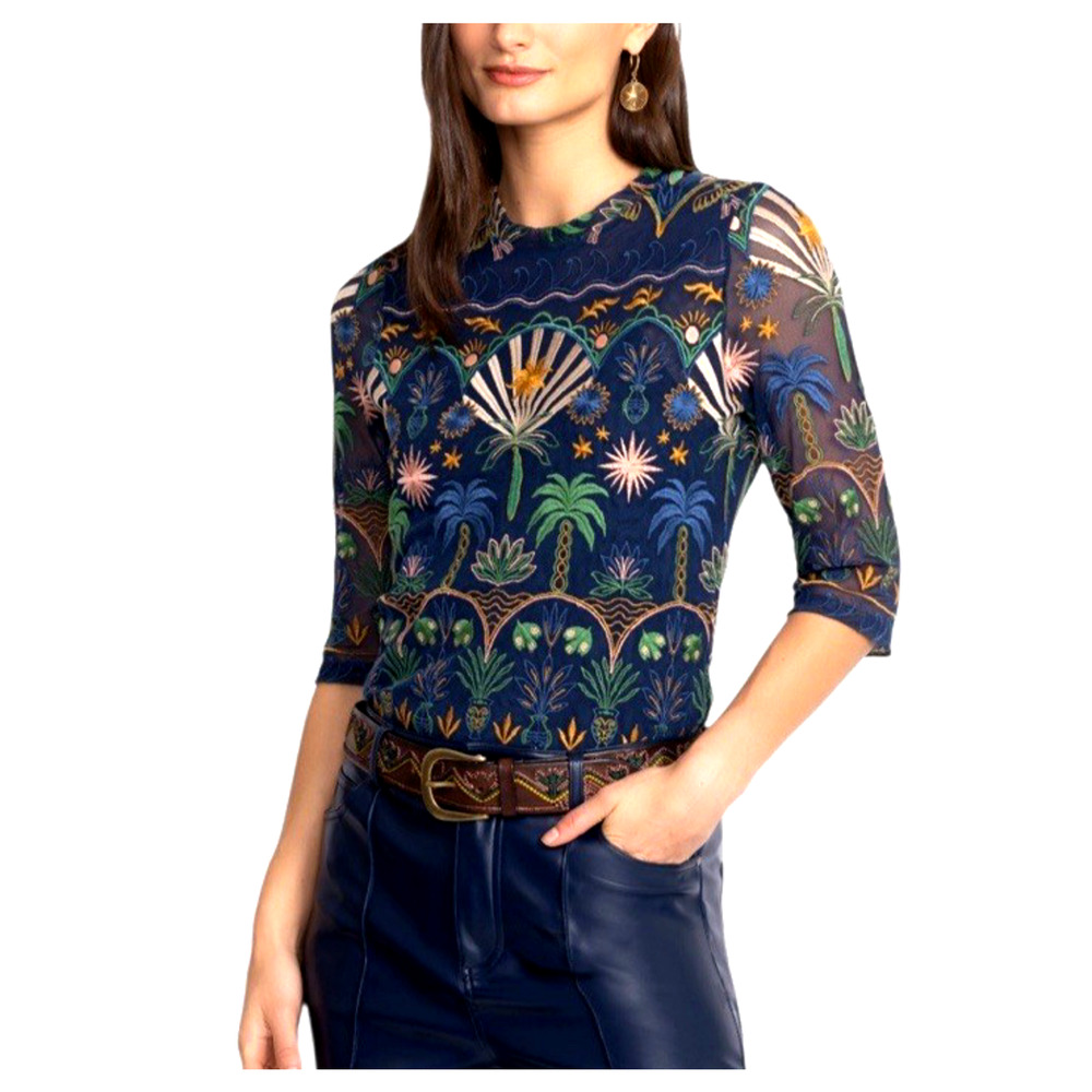 JADE by JOHNNY WAS Size Small Kaia Mesh Navy Del Mar Embroidered PulloverTop - Picture 12 of 13